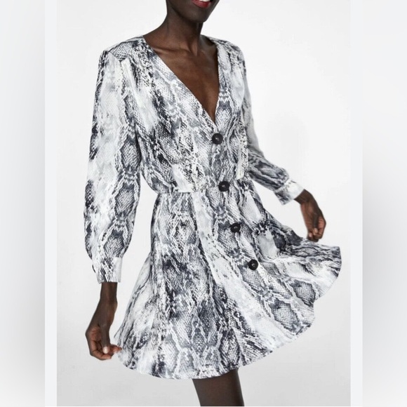Zara Black Grey White Python Snake Print Button Down Long Sleeve Dress - Picture 3 of 10